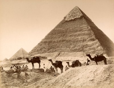 Men and camels in front of the pyramid of Chefren by Unknown photographer