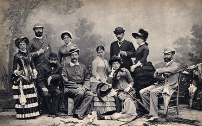 Portrait of a family with a photographer, in front of a country setting. Photography, late 19th century, Paris. Coll. Selva by Unknown photographer