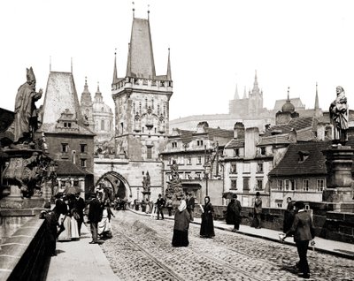 Prague, Charles Bridge, and the old town tower (circa 1890) by Unknown photographer