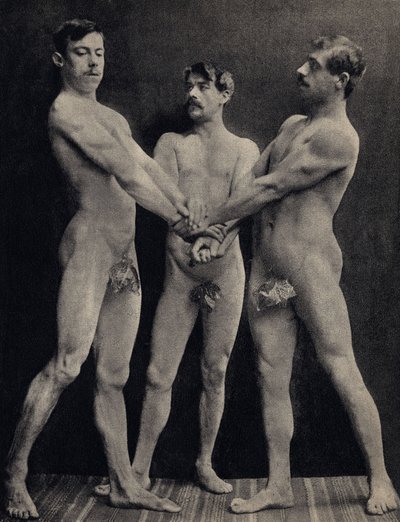 The Oath of the Horaces, pose three naked men taking oath. Photography, late 19th century, Paris. Coll. Selva by Unknown photographer
