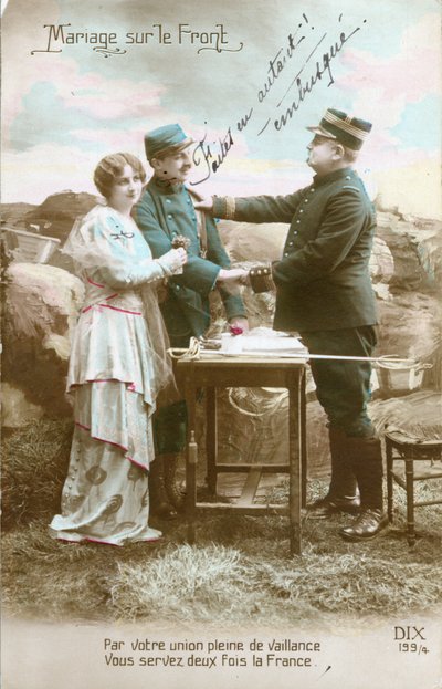 WWI Postcard, Marriage on the Front of a Soldier (Poilu) and a Young Woman, Military Auxiliary, by an Officer Qualified as Ambushed by Unknown photographer