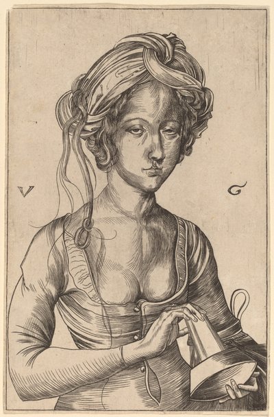 A Bust Figure of a Foolish Virgin Holding Her Inverted Lamp by Urs Graf