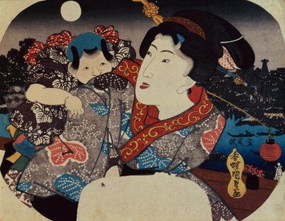 A Woman Carrying a Child on Her Back by Utagawa Kunisada