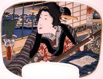 Winter, Shinobazu Pond; A geisha practicing a ballad, design for a fan from a set of four illustrating the seasons by Utagawa Kunisada