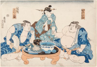 Sumo Wrestlers Kuroiwa and Zogahana with a Geisha by Utagawa Kunisada
