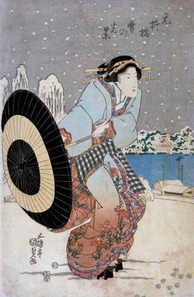Night Snow Scene at Motonoyanagi Bridge by Utagawa Kunisada