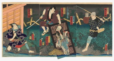Seki Sanjurō III as Naosuke Gonbei, Kataoka Nizaemon VIII as Tamiya Iemon and Bandō Hikosaburō V as both the Ghost of Oiwa and the Ghost of Kobotoke Kohei, and Bandō Hikosaburō V as Satō Yomoshichi by Utagawa (1786 1865) Kunisada