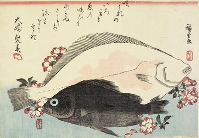 Fluke and Black Bass, Cherry Blossoms by Utagawa Hiroshige