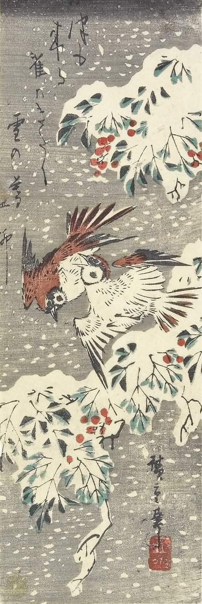 Heavenly Bamboo and Sparrows in Snow by Utagawa Hiroshige