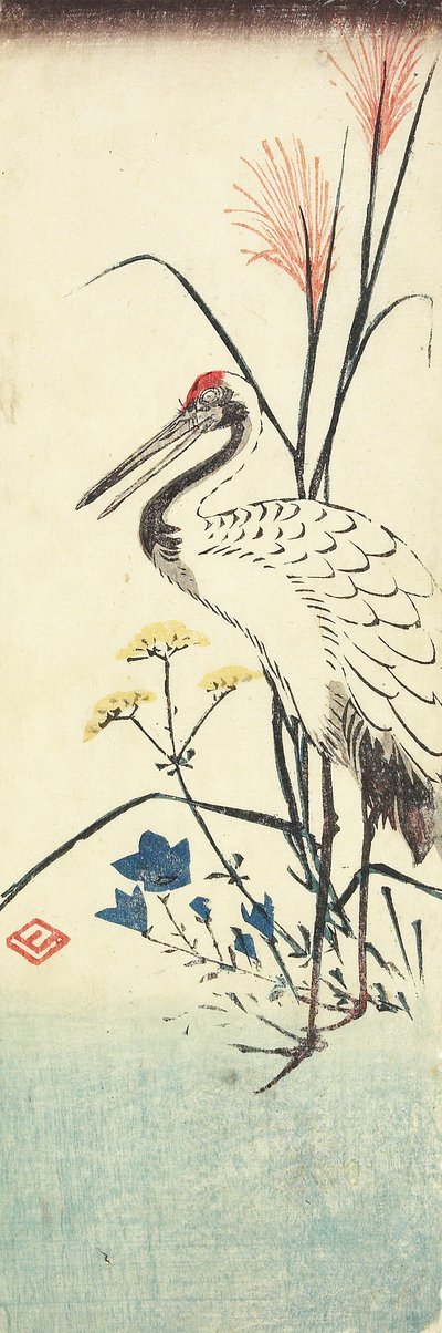 Pampas Grass, Patrinia, Chinese Bellflower and a Crane, 1830-1858 by Utagawa Hiroshige