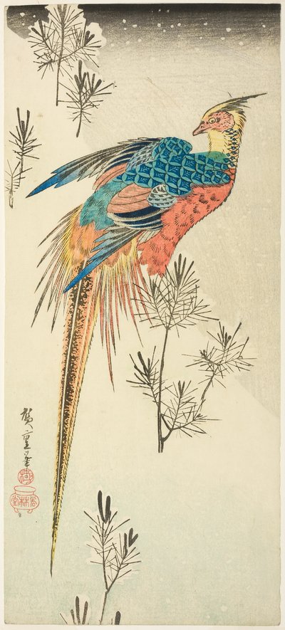A Golden Pheasant Perched on a Steep Snowy Hillside amid Small Pine Saplings by Utagawa Hiroshige