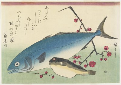 Bonito, Globefish and a Spray of Blossoming Plum by Utagawa Hiroshige