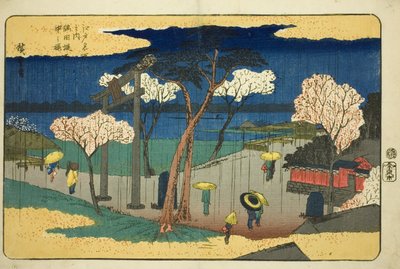 Cherry Blossoms in Rain at the Sumida Embankment, from the Series "Famous Places in Edo" by Utagawa Hiroshige