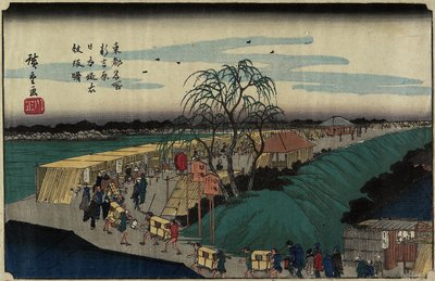 Dawn at Emonzaka Hill in Nihon-zutsumi Bank, Shin-Yoshiwara, c. 1830 by Utagawa Hiroshige