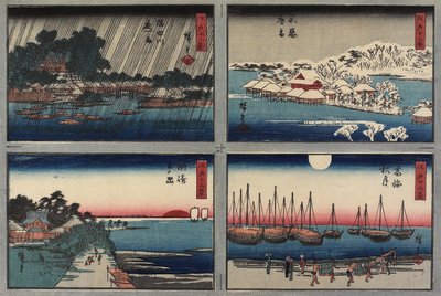Evening Snow at Shinobazu, Autumn Moon at Takanawa, Sun Rise at Susaki, Night Rain at Sumida River, 1843-1847 by Utagawa Hiroshige