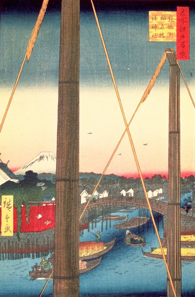 Inari Bridge and Minato Shrine, Teppozu, plate 77 from the series One Hundred Famous Views of Edo, Edo Period, Ansei Era, 1857 by Utagawa Hiroshige