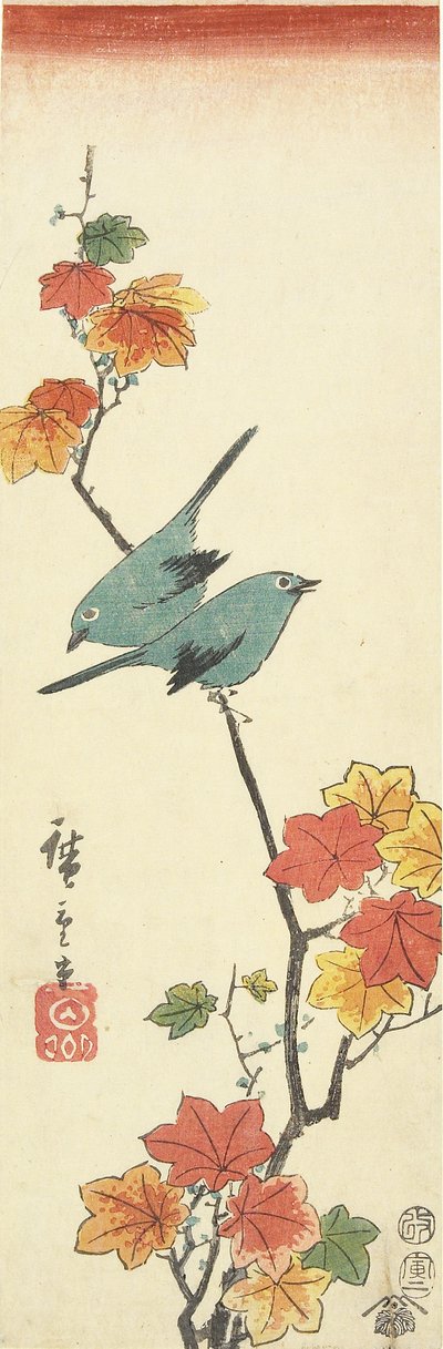 Japanese White-eyes on a Maple Branch, 1854 by Utagawa Hiroshige