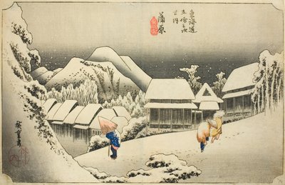 Kanbara: Evening Snow, from the series "Fifty-three Stations of the Tokaido," also known as the Hoeido Tokaido by Utagawa Hiroshige