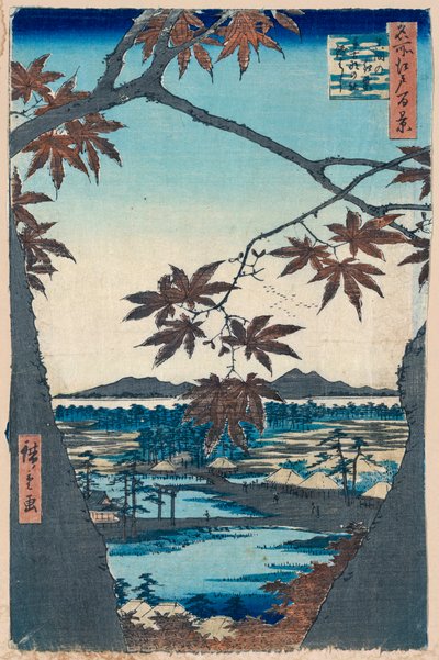 Maple Leaves and the Tekona Shrine and Bridge at Mama by Utagawa Hiroshige