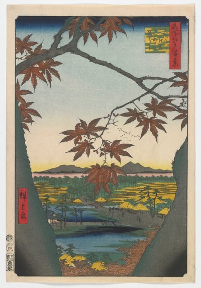 Maple Trees at Mama, Tekona Shrine and Linked Bridge, Edo Period by Utagawa Hiroshige