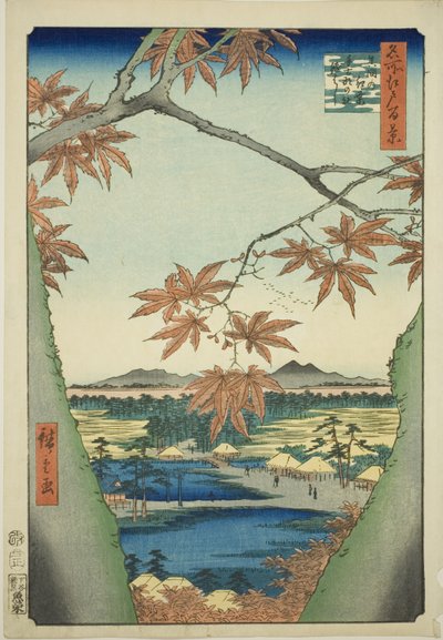 Maple Trees at Mama, Tekona Shrine and Tsugi Bridge, from the series "One Hundred Famous Views of Edo" by Utagawa Hiroshige
