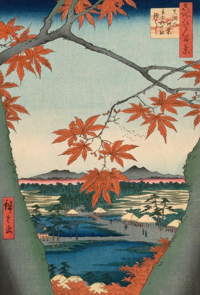 Maple Trees at Mama, Tekona Shrine and Tsugi Bridge (from the series One Hundred Famous Views of Edo) by Utagawa Hiroshige