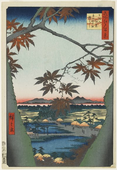 Maple Trees at Mama with View of Tekona Shrine and Bridge, January 1857 by Utagawa Hiroshige