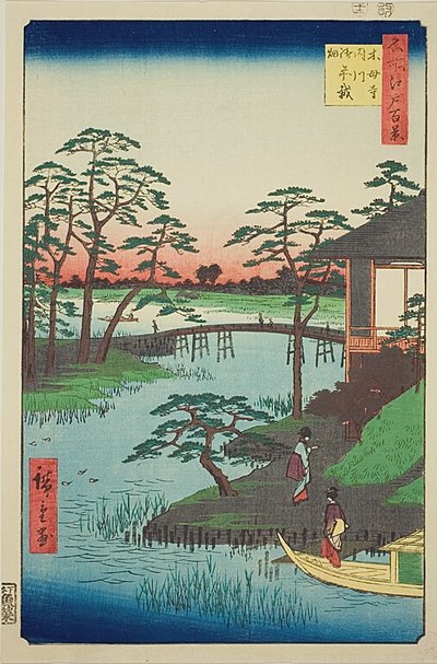 Mokubo Temple, Uchigawa Inlet, Gozensaihata, No.92 from the series "One Hundred Famous Views of Edo" by Utagawa Hiroshige