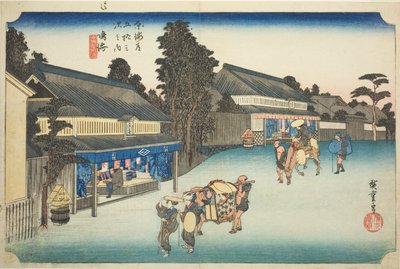 Narumi: Famous Tie-dyed Fabrics of Arimatsu, from the series "Fifty-three Stations of the Tokaido," also known as the Hoeido Tokaido by Utagawa Hiroshige
