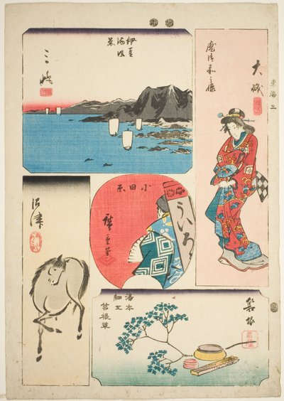 Oiso, Odawara, Hakone, Mishima, and Numazu, no. 3 from the series "Cutout Pictures of the Tokaido" by Utagawa Hiroshige
