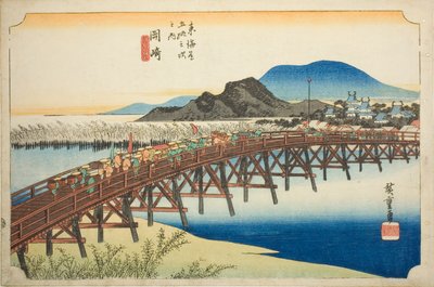 Okazaki: Yahagi Bridge, from the series "Fifty-three Stations of the Tokaido," also known as the Hoeido Tokaido by Utagawa Hiroshige