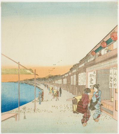 Pedestrians and Shops by the Harbor of Shinagawa by Utagawa Hiroshige