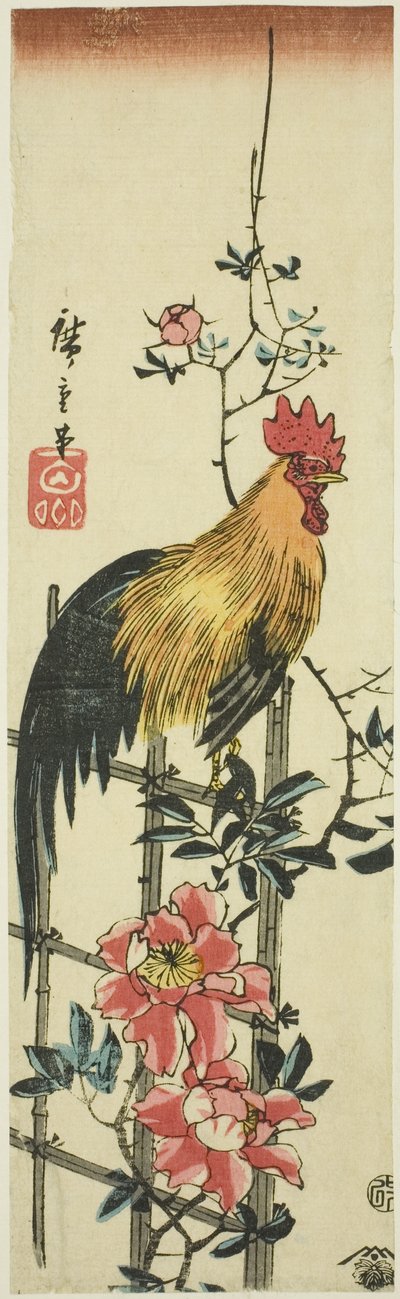 Rooster Perched on Rose Trellis by Utagawa Hiroshige