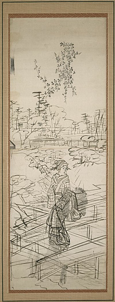 Sketch of Woman Crossing Bridge by Utagawa Hiroshige