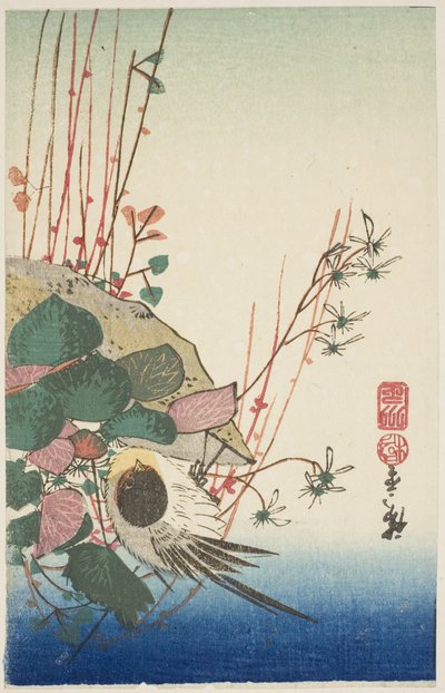 Sparrow on a Hanging Planter by Utagawa Hiroshige