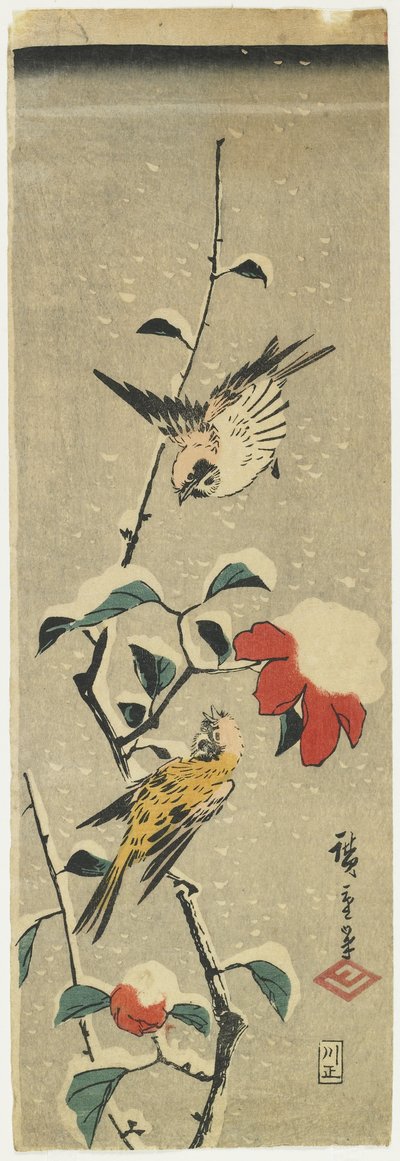 Sparrows and Snowy Camellia by Utagawa Hiroshige