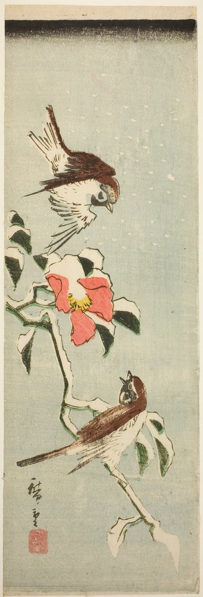 Sparrows and Camellia in Snow by Utagawa Hiroshige