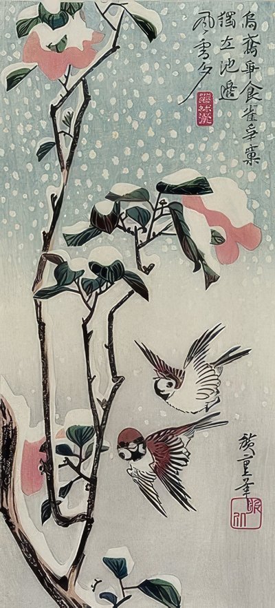 Sparrows and Camellias in the Snow by Utagawa Hiroshige