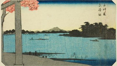 Suijin Woods and the Shrine at Massaki, section of a sheet from the series "Cutout Pictures of Famous Places in Edo" by Utagawa Hiroshige