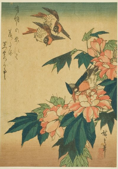 Swallows, Kingfisher, and Hibiscus by Utagawa Hiroshige
