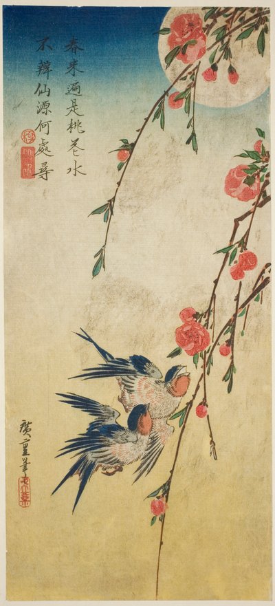 Swallows, Peach Blossoms, and Full Moon by Utagawa Hiroshige