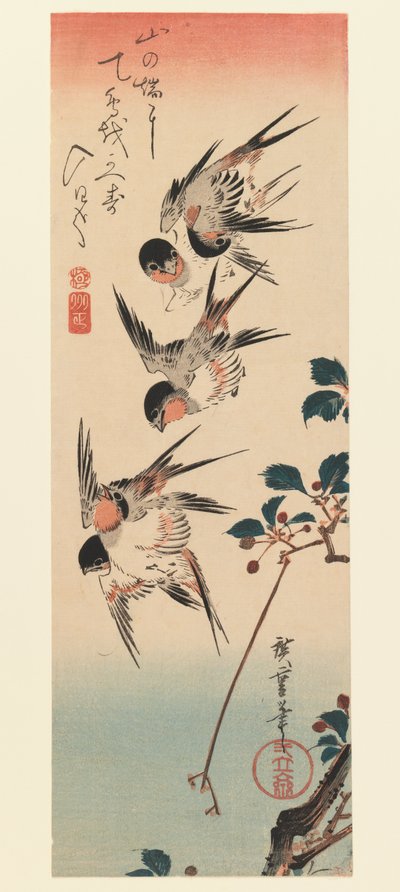Tanzaku, Four Swallows by Utagawa Hiroshige