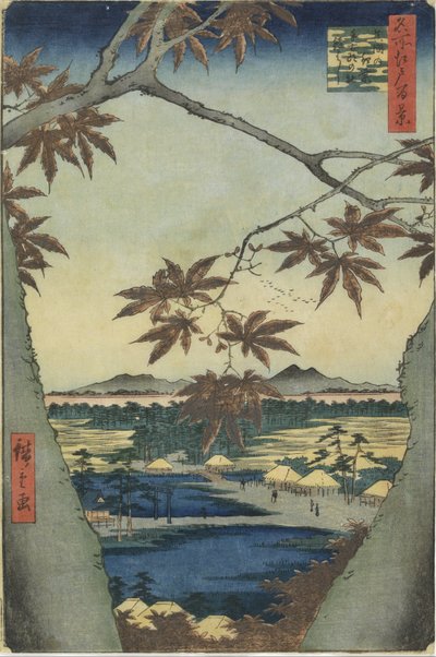 The Maple Leaves of Mama, Tekona Shrine and Tsugi Bridge by Utagawa Hiroshige