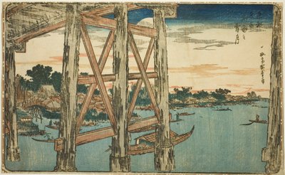 Twilight Moon at the Ryogoku Bridge, from the series "Famous Views of the Eastern Capital" by Utagawa Hiroshige