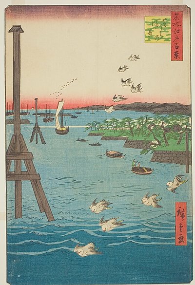 View of Shiba Coast, with shades of light blue water, No.108 from the series One Hundred Famous Views of Edo by Utagawa Hiroshige