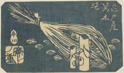 Warbler Wood Carvings and Clams of Kameido, section of a sheet from the series "Cutouts of Famous Places in Edo" by Utagawa Hiroshige