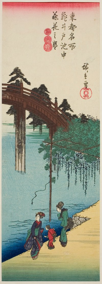 Wisteria in Full Bloom over the Pond at Kameido Shrine, from the series 