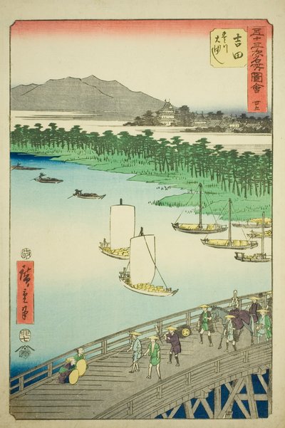 Yoshida: Great Bridge on the Toyo River, no. 35 from the series "Famous Sights of the Fifty-three Stations," also known as the Vertical Tokaido by Utagawa Hiroshige