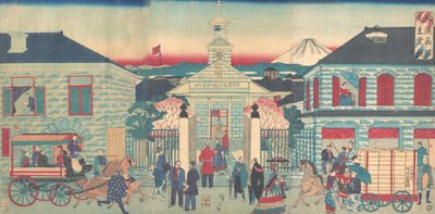 Illustration of Foreign Residences and the Catholic Church in Yokohama, 10th month, 1870 by Utagawa Hiroshige III