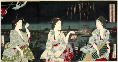 Enjoying the Evening Breeze During Fireworks at Ryogoku by Utagawa Kunichika